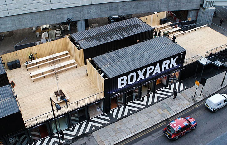 Boxpark Shoreditch - London's first pop-up shopping mall made completely from shipping containers.