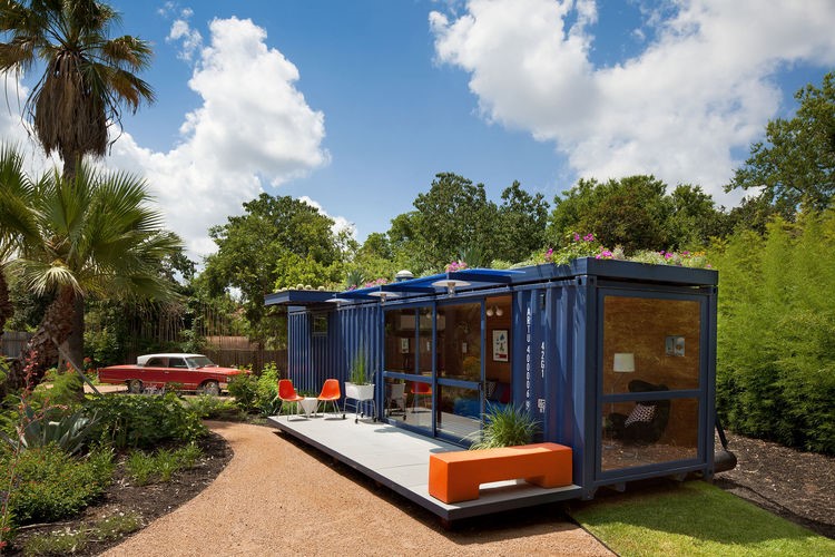 Texas architect Jim Poteet helped Stacey Hill, who lives in a San Antonio artists’ community, wrangle an empty steel shipping container into a playhouse, a garden retreat, and a guesthouse for visiting artists. 