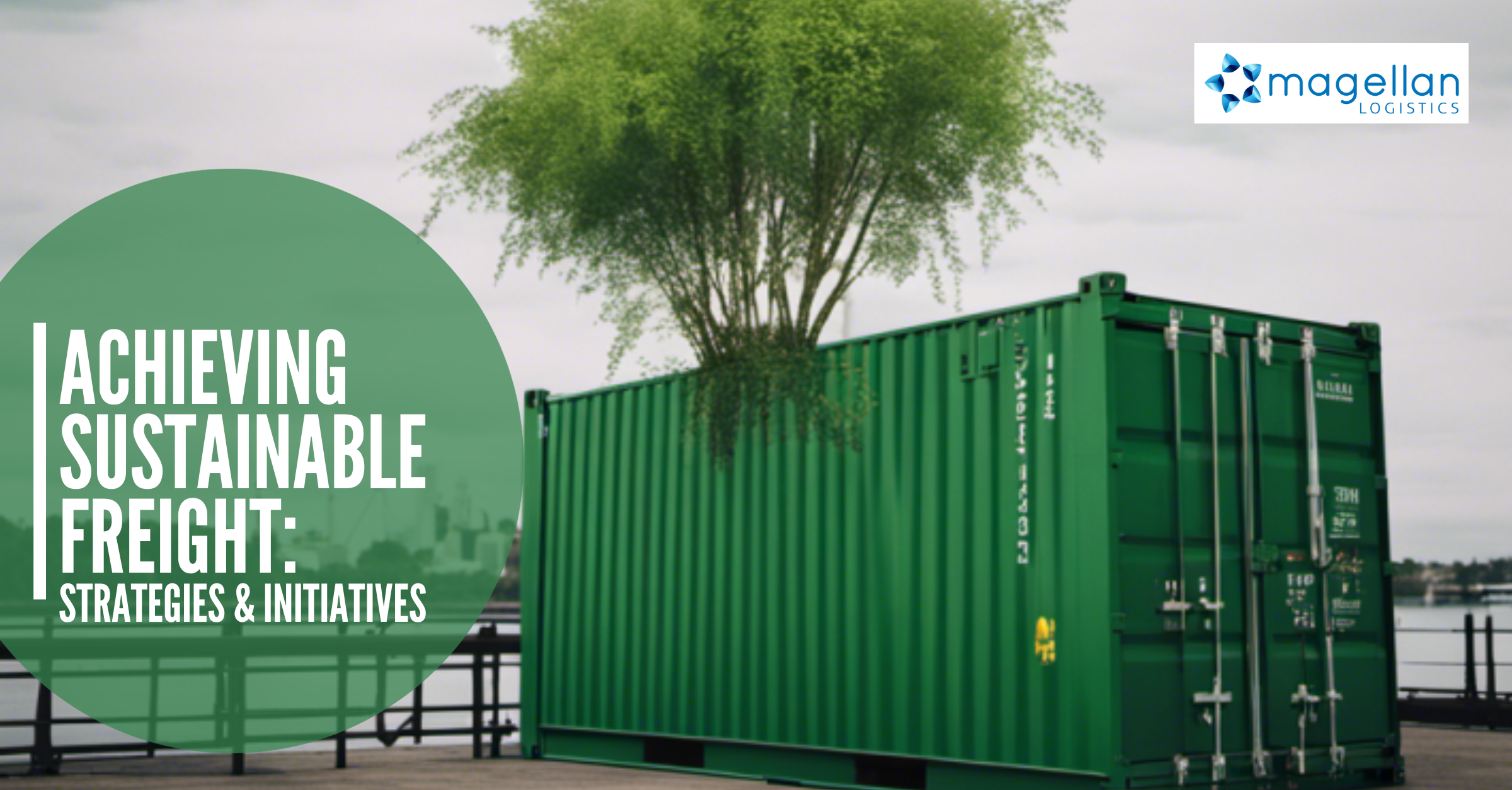 Sustainable Freight. Green shipping container with a small tree growing on top.