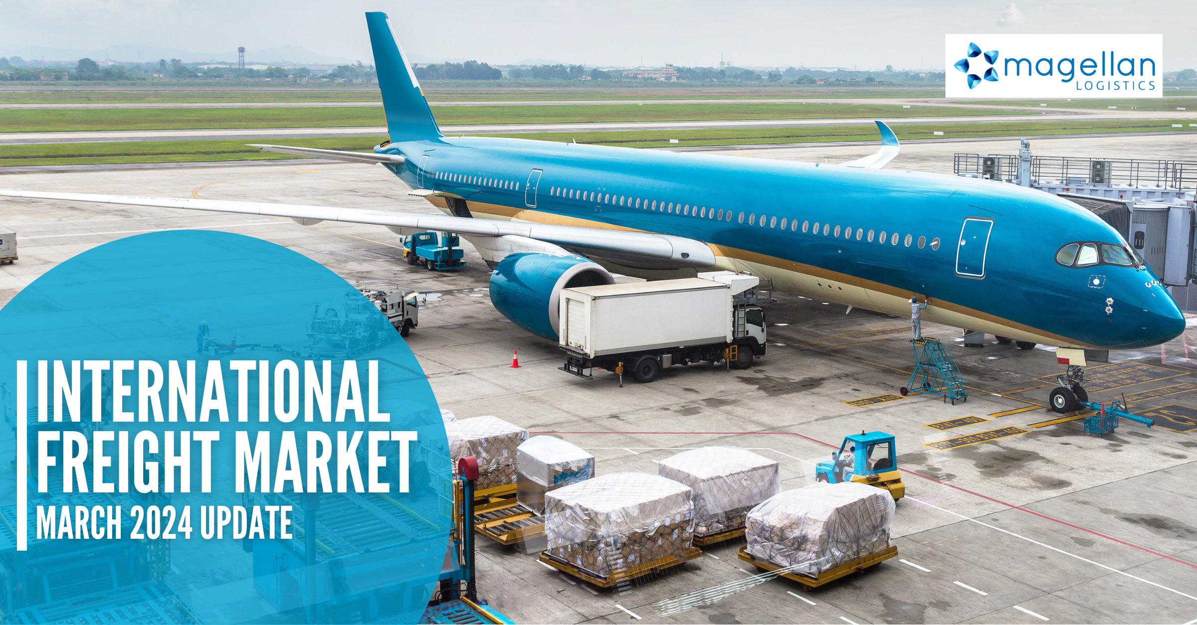 Freight Market Update. Blue aeroplane waits on the tarmac while it is loaded with cargo.