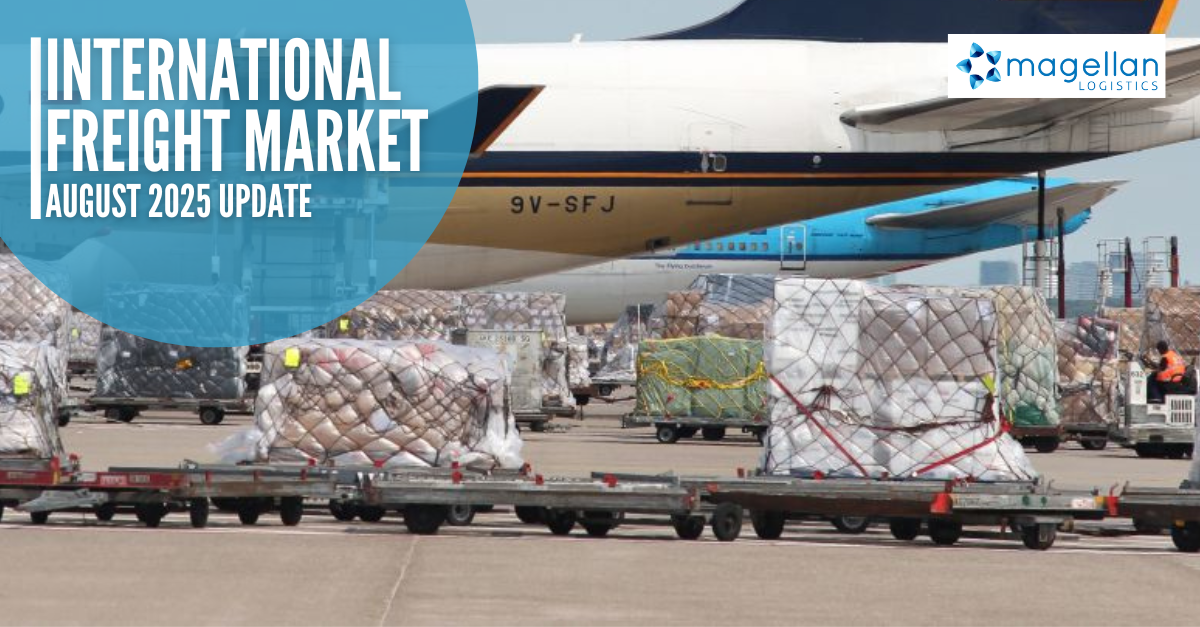 Market Update: Image of the tails of two cargo planes with airfreight boxes on trucks waiting to be loaded.