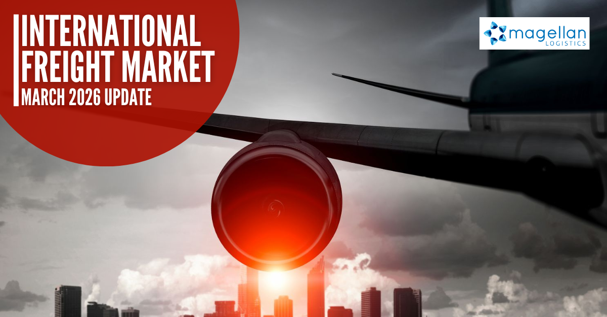 Freight Market Update: Close up image of a jet engine on an aeroplane's wing. In the distance is a city scape and a red sunset against a cloudy sky.