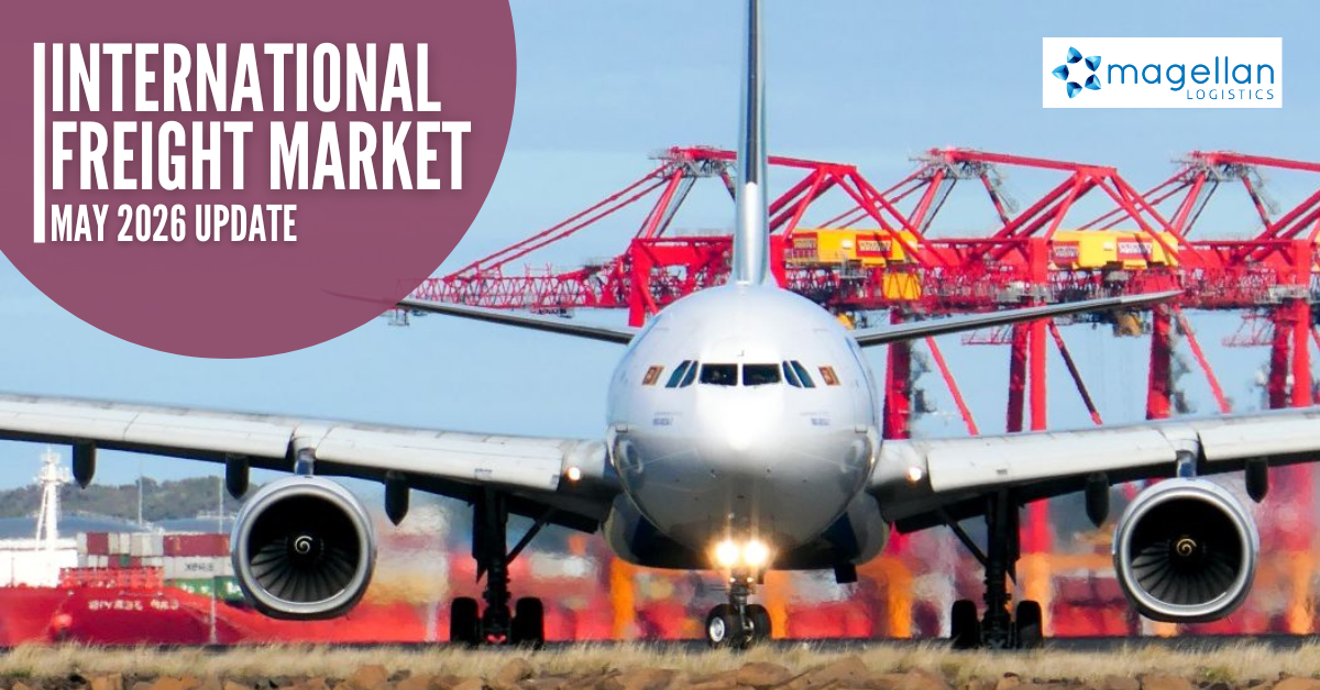Freight Market Update: Photo from the front of a jet plane on the tarmac. The engines are running and you can see heat haze beneath the aircraft. In the background port cranes and a berthed vessel can be seen.