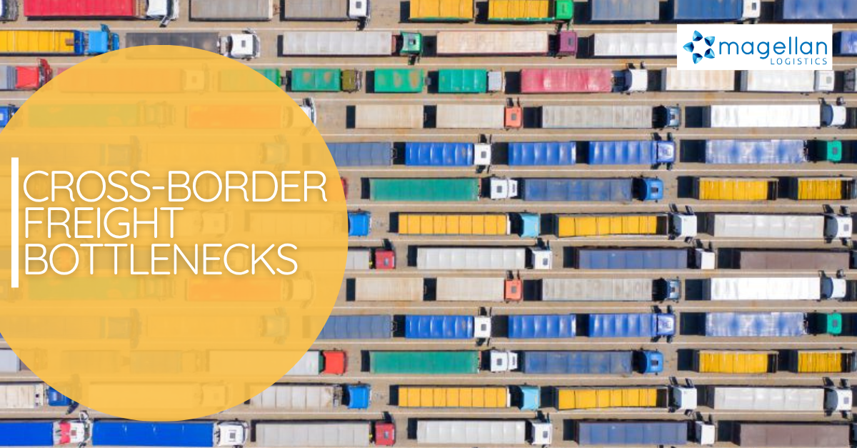 Cross-border Bottlenecks: Edited drone image looking down on tricks queuing.