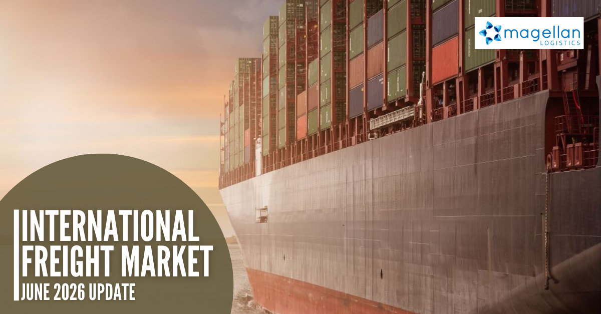 Freight Market Update: Photo of the side of a container vessel loaded with green, red and blue containers. In the background is an early morning sky.