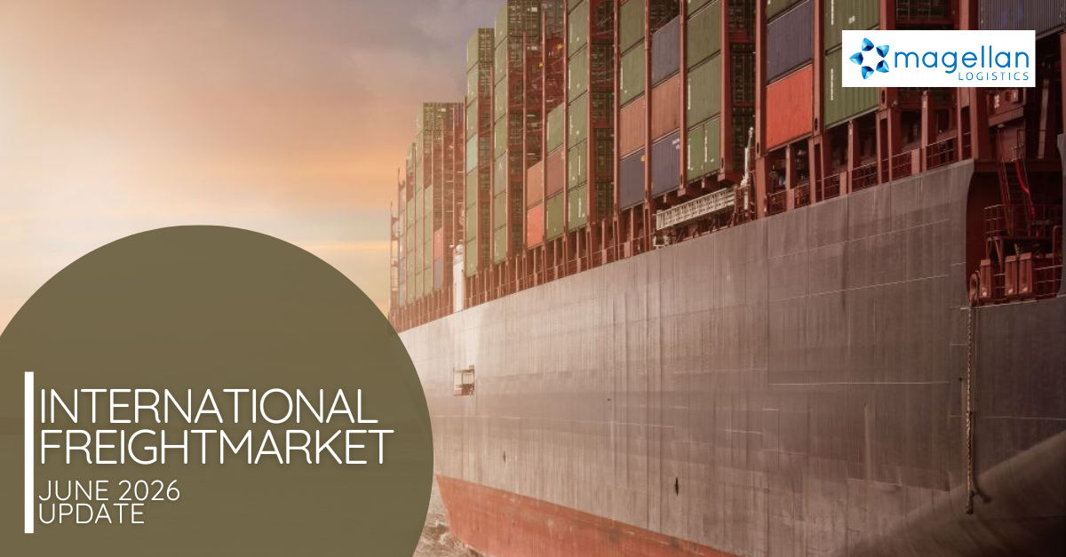 Freight Market Update: Photo of the side of a container vessel loaded with green, red and blue containers. In the background is an early morning sky.