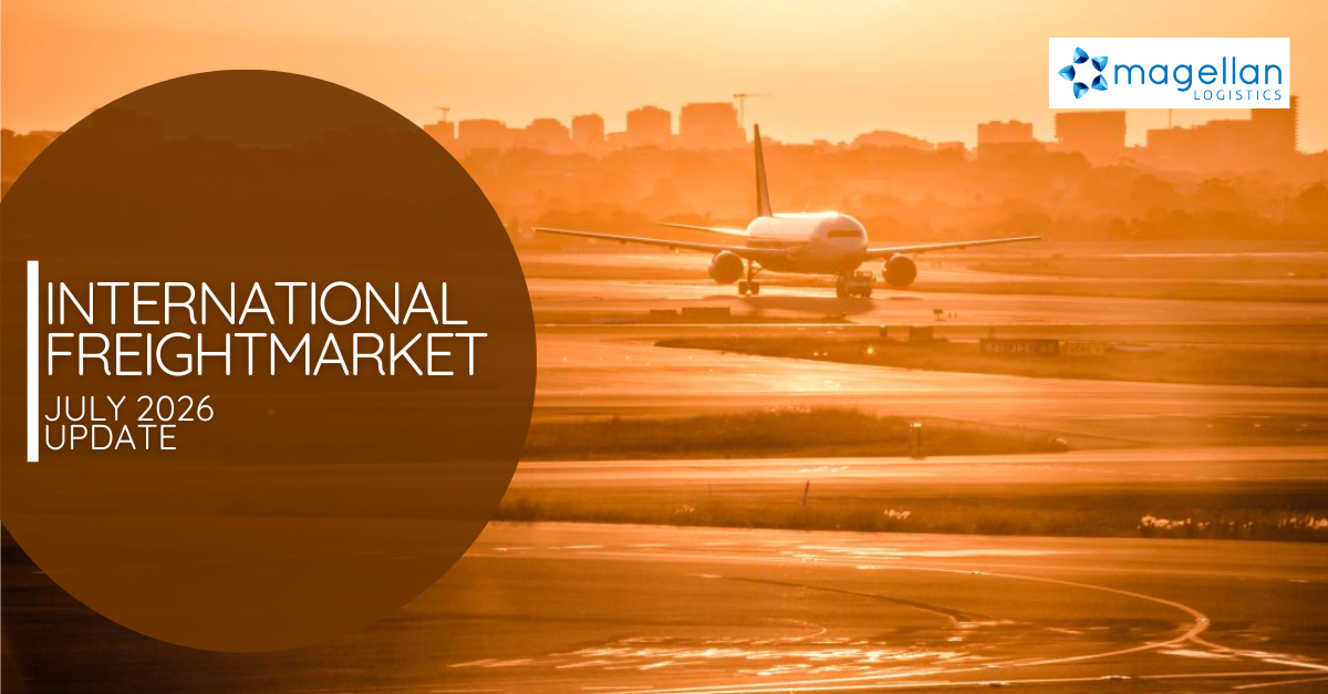 Freight Market Update: Sepia toned image of airport runway as if during suset. Cityscape in the background with a plane taxi-ing in the middle ground.