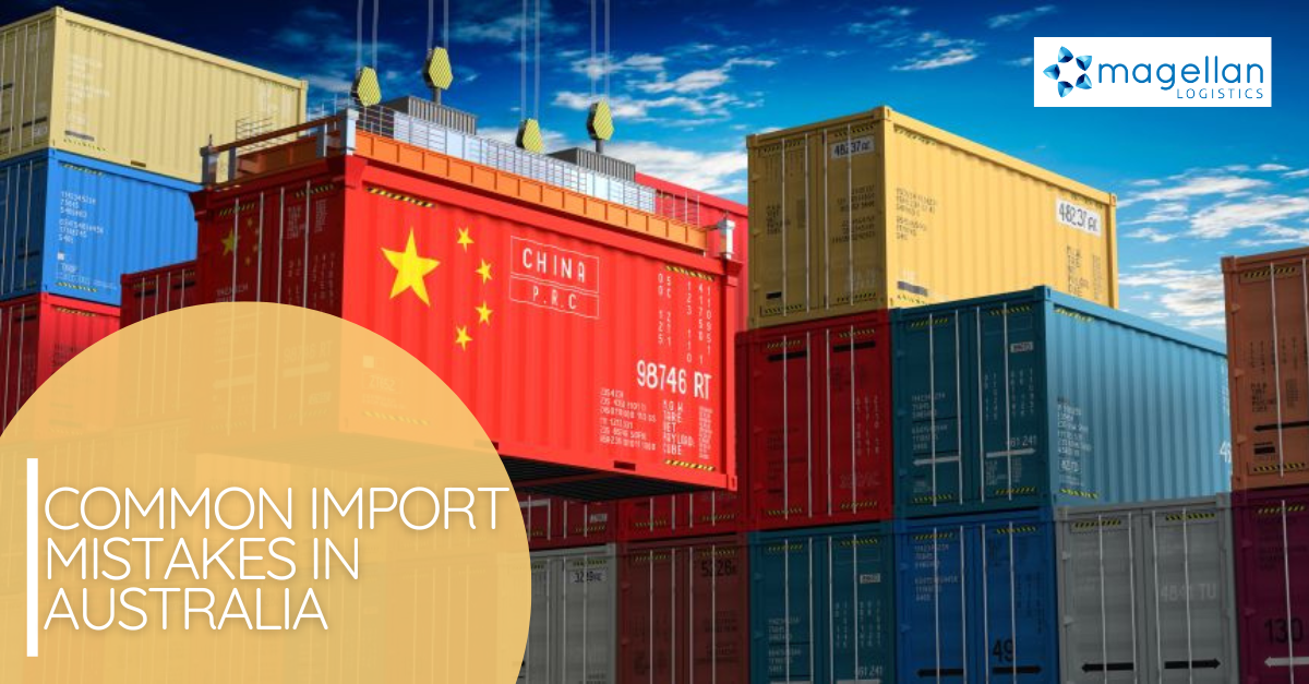 Common import mistakes Australia: Illustration of a red shipping container decorated with the Chinese flag being craned onto a stack of other containers in various colours.