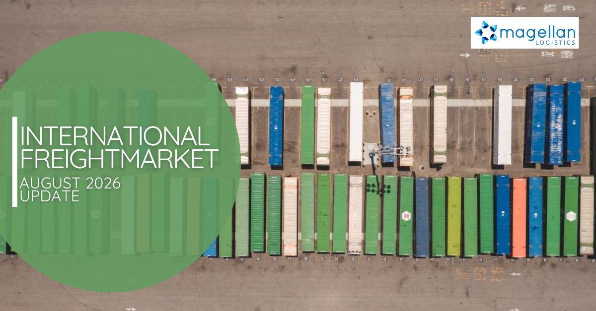 Freight Market Update: Overhead view of shippig containers in slots awaiting collection.