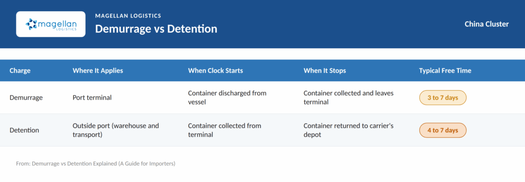 Demurrage and detention compared by location, when charges start and stop, and typical free time.