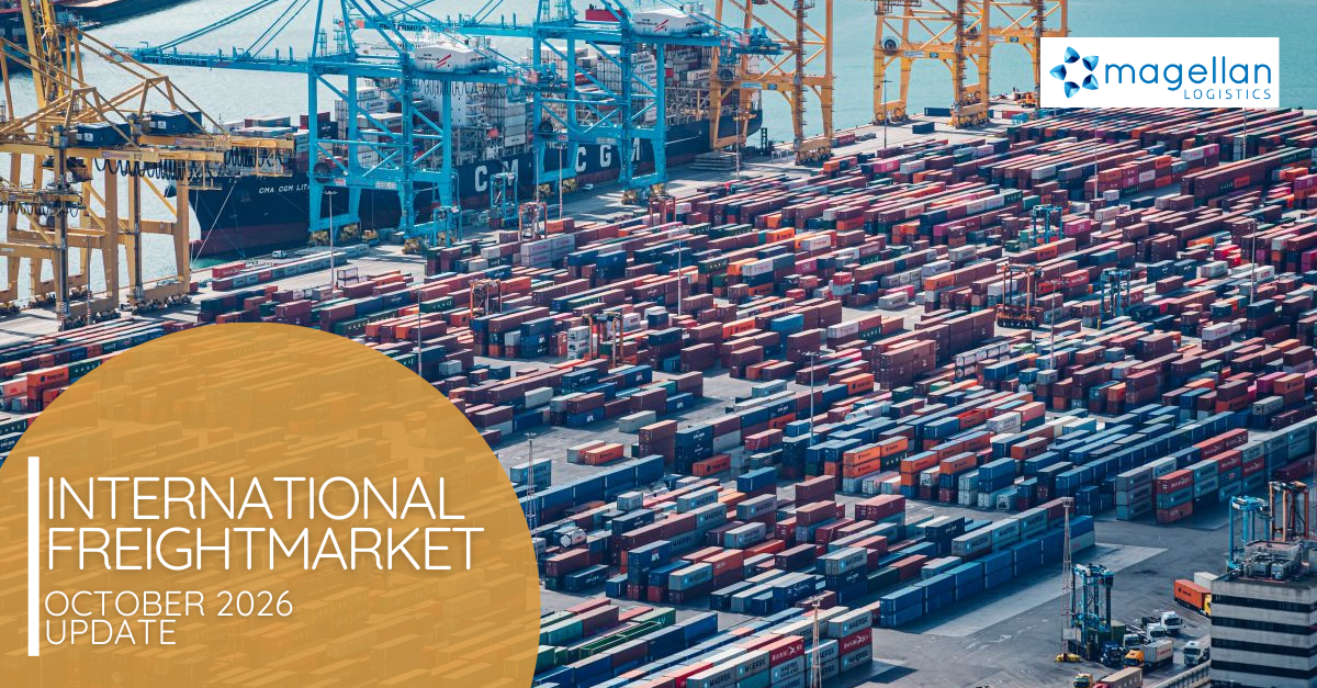 Freight Market Update: A drone shot of shipping containers at Barcelona Port, Spain, showcasing busy maritime activity.